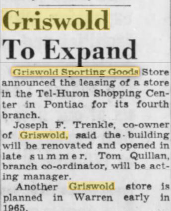 Griswold Sporting Goods - Article On Expansion To Pontiac In 1964 (newer photo)